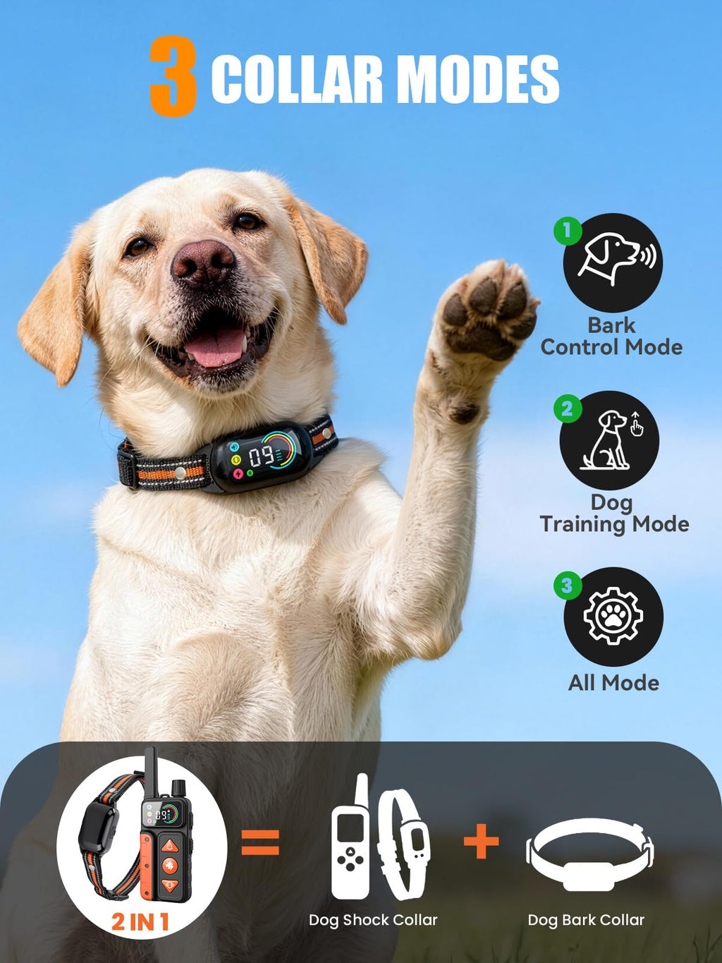 2-in-1 Dog Bark Collar & Shock Collar, IPX7 Waterproof E Collars with AI Anti-Bark/Beep/Vibration/Shock/no Shock for Small Medium Large Dog(5-120Lbs), Dog Training Collar with 3300FT Remote A4492