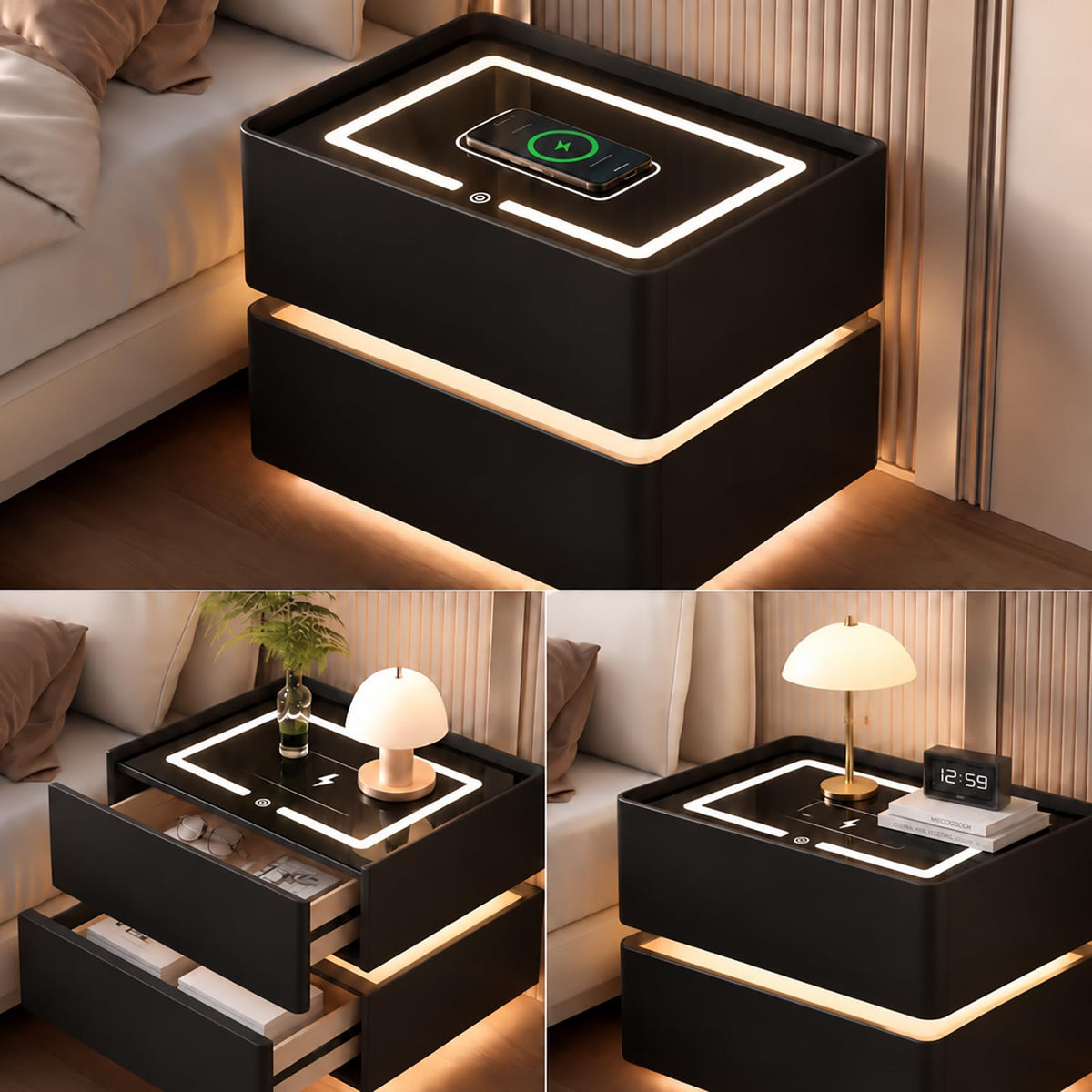 Black Solid Wood Nightstand with Wireless Charging and Drawers R8969