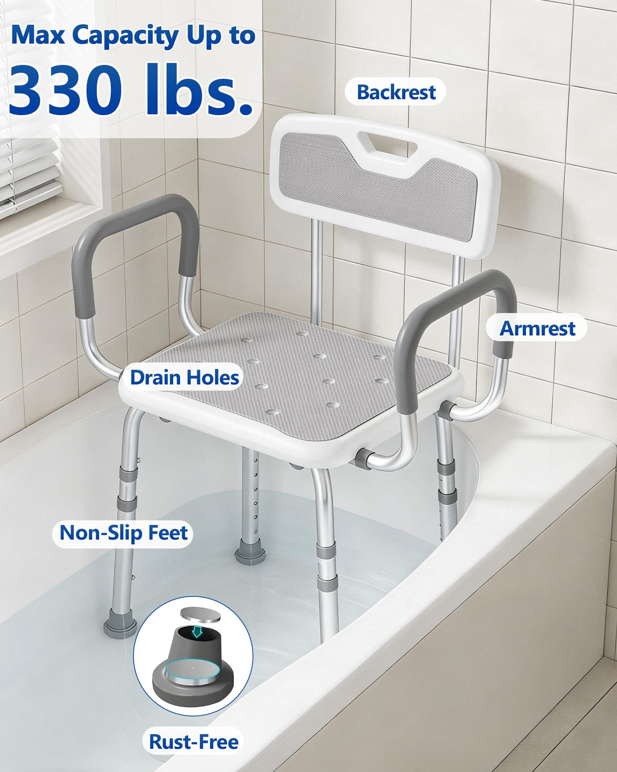 Height Adjustable Shower Chair with Back and Arms V497570