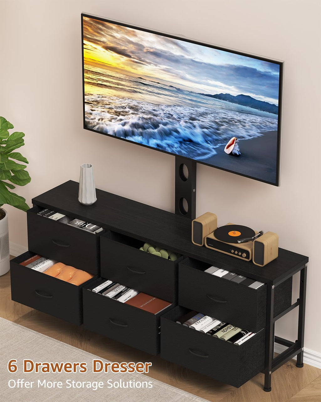 Black 6 Drawer TV Stand with Mount L4208
