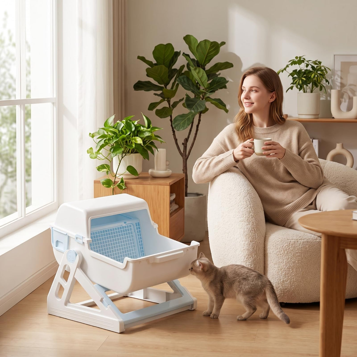 Semi-Automatic Sifting Cat Waste Pan White Gray A690337