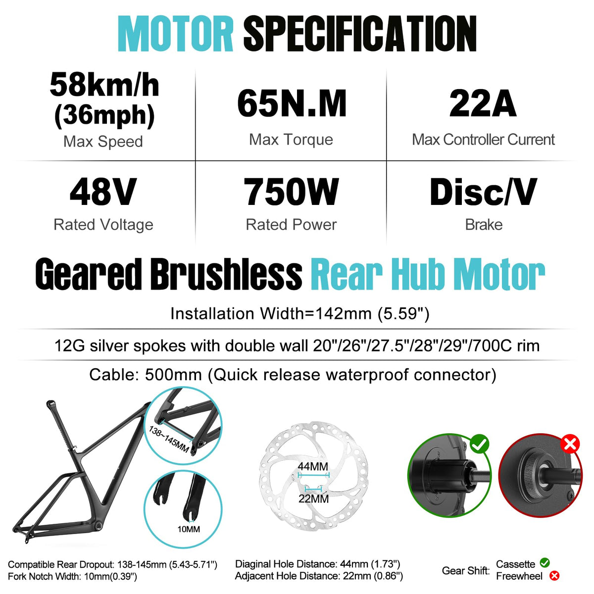 48V 750W Rear Electric Bike Conversion Kit B718