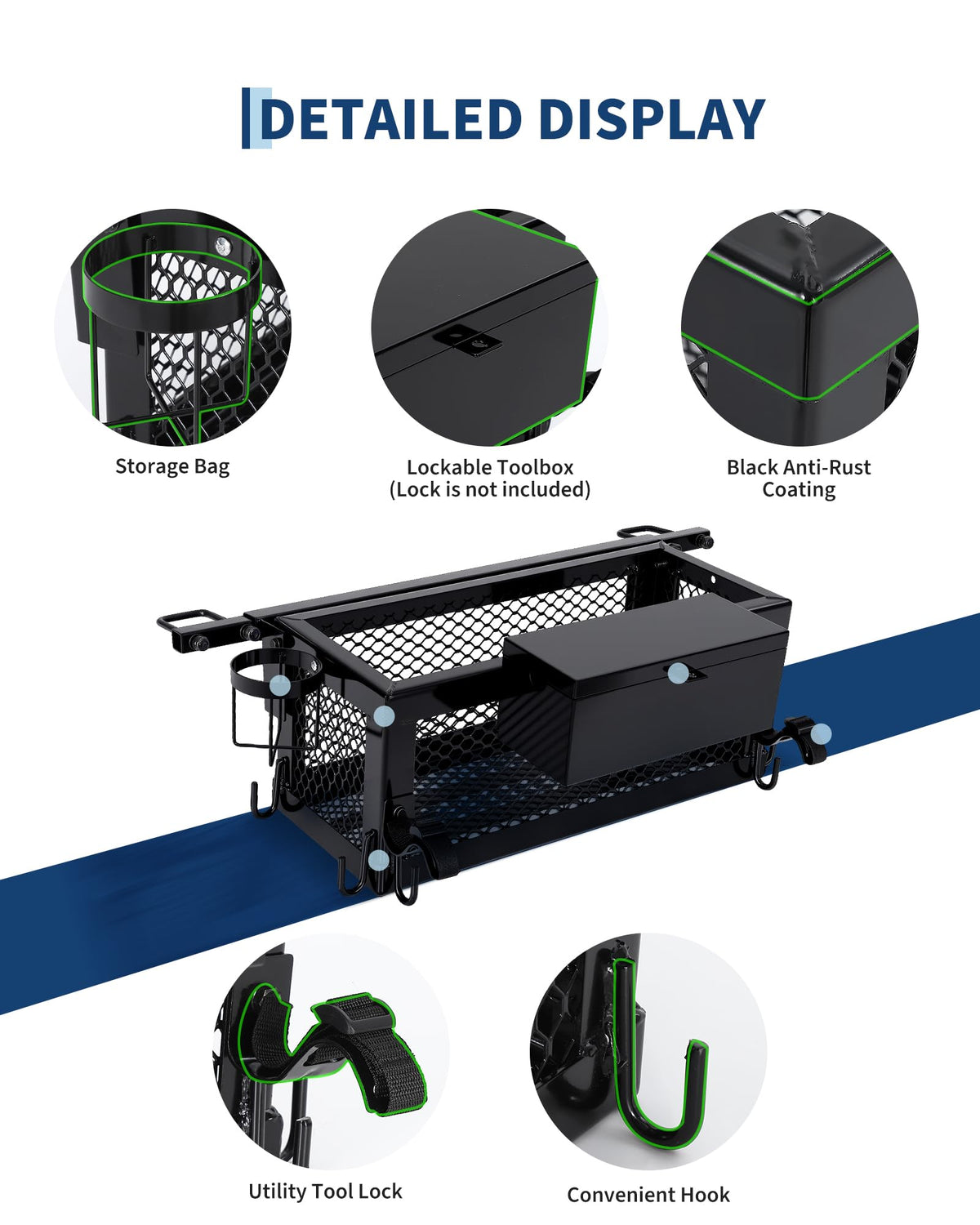 Heavy Duty Tractor Tool Box, 24x10x10 Inch Lockable Basket Attachment with Hooks and Ratchet Strap U731771