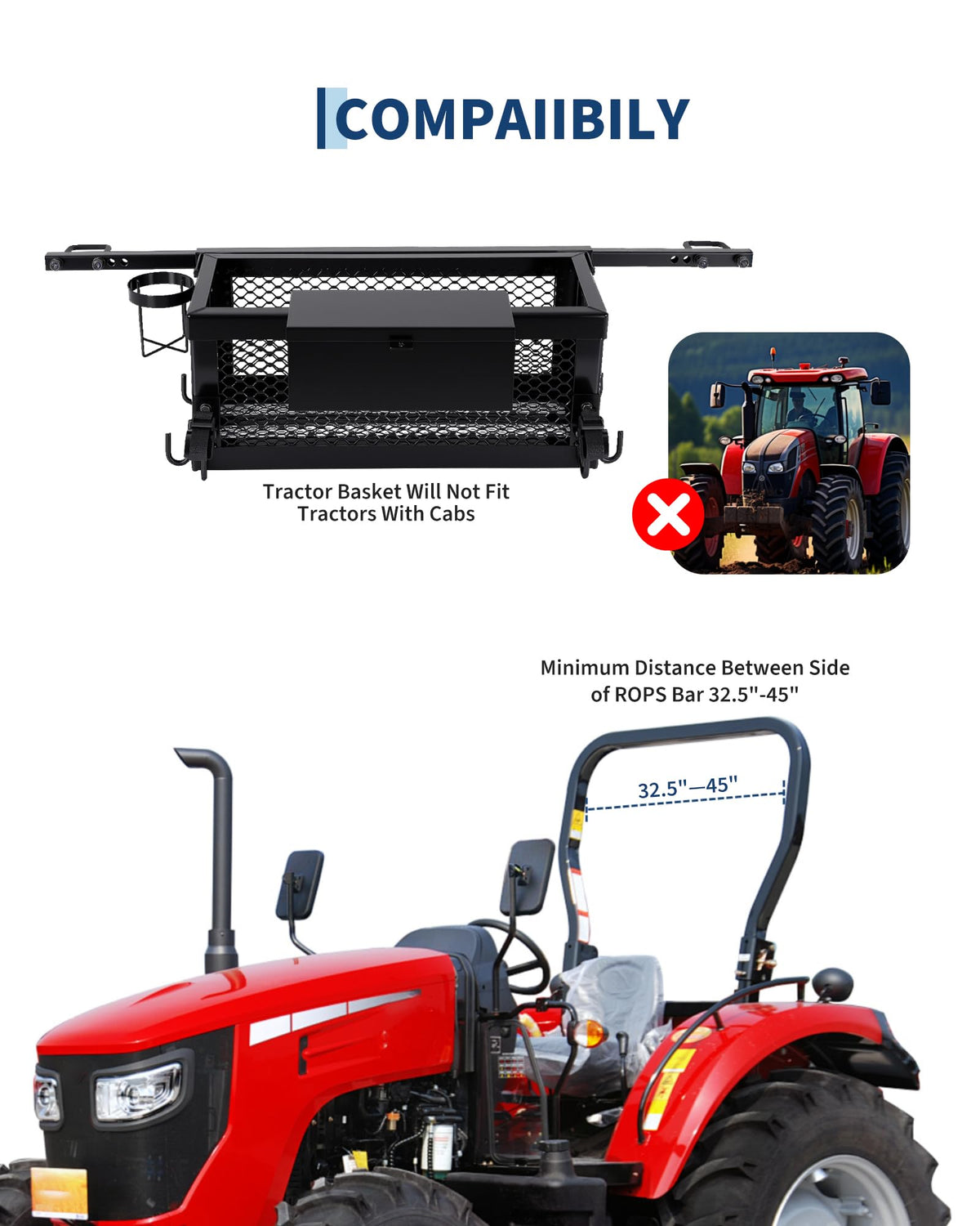 Heavy Duty Tractor Tool Box, 24x10x10 Inch Lockable Basket Attachment with Hooks and Ratchet Strap U731771