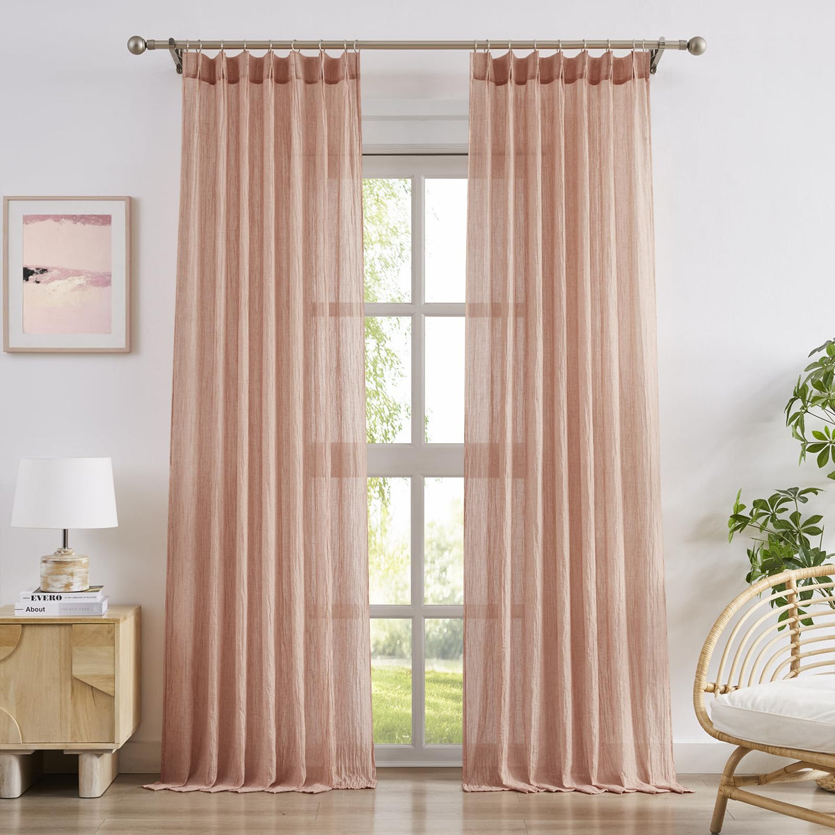 Pink Pinch Pleated Sheer Curtains 96 Inches Long, Set of 2 Z53861