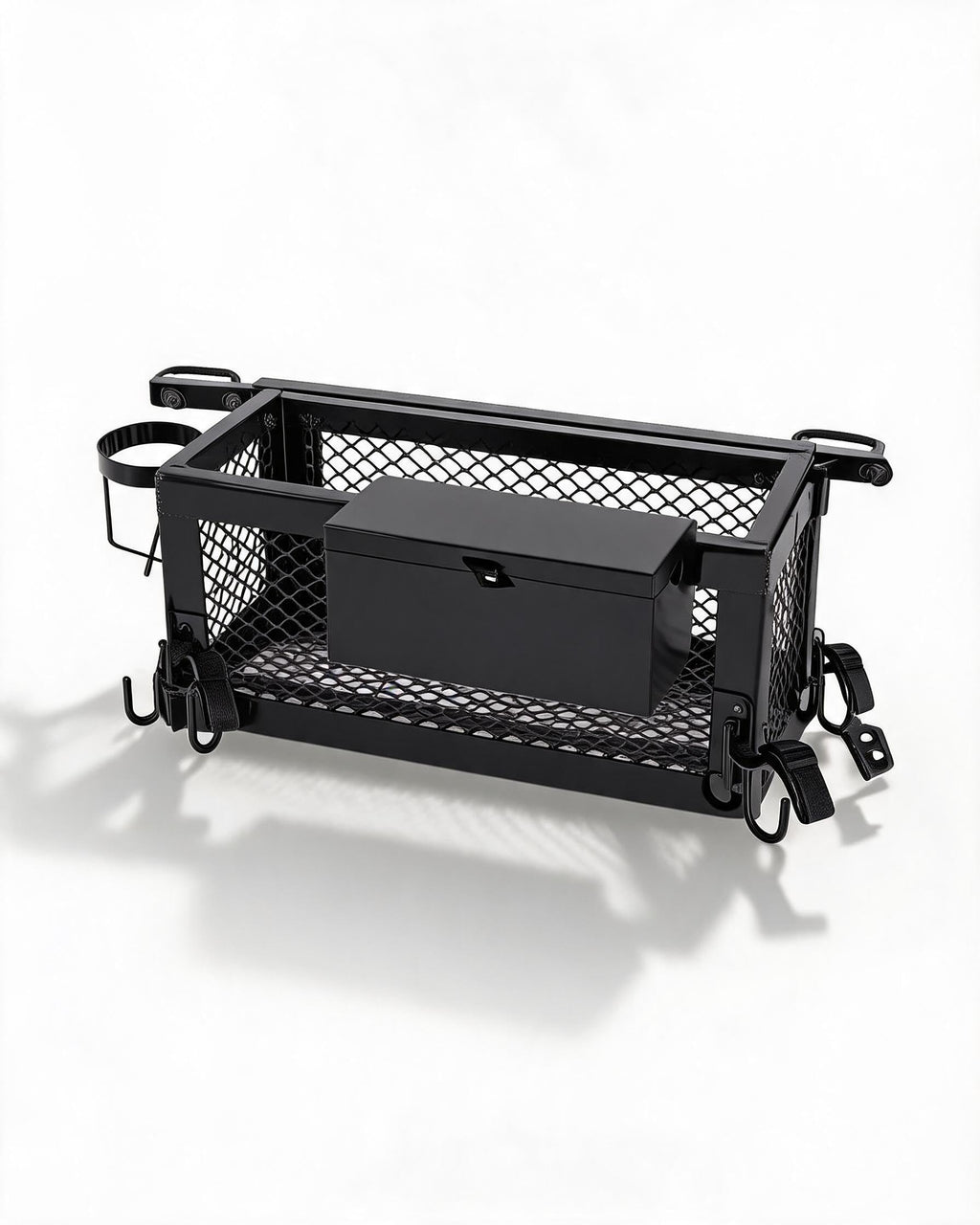 Heavy Duty Tractor Tool Box, 24x10x10 Inch Lockable Basket Attachment with Hooks and Ratchet Strap U731771