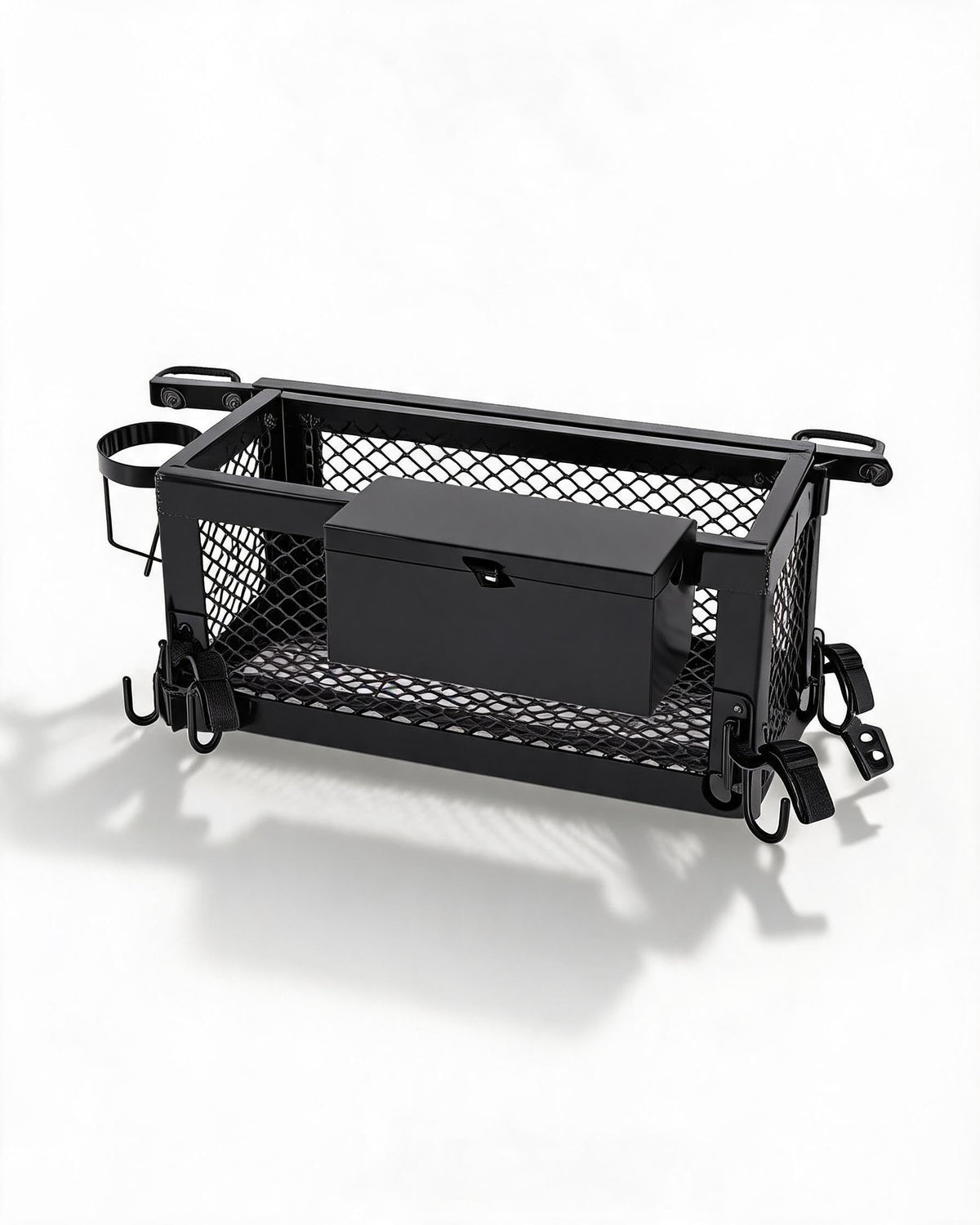Heavy Duty Tractor Tool Box, 24x10x10 Inch Lockable Basket Attachment with Hooks and Ratchet Strap U731771
