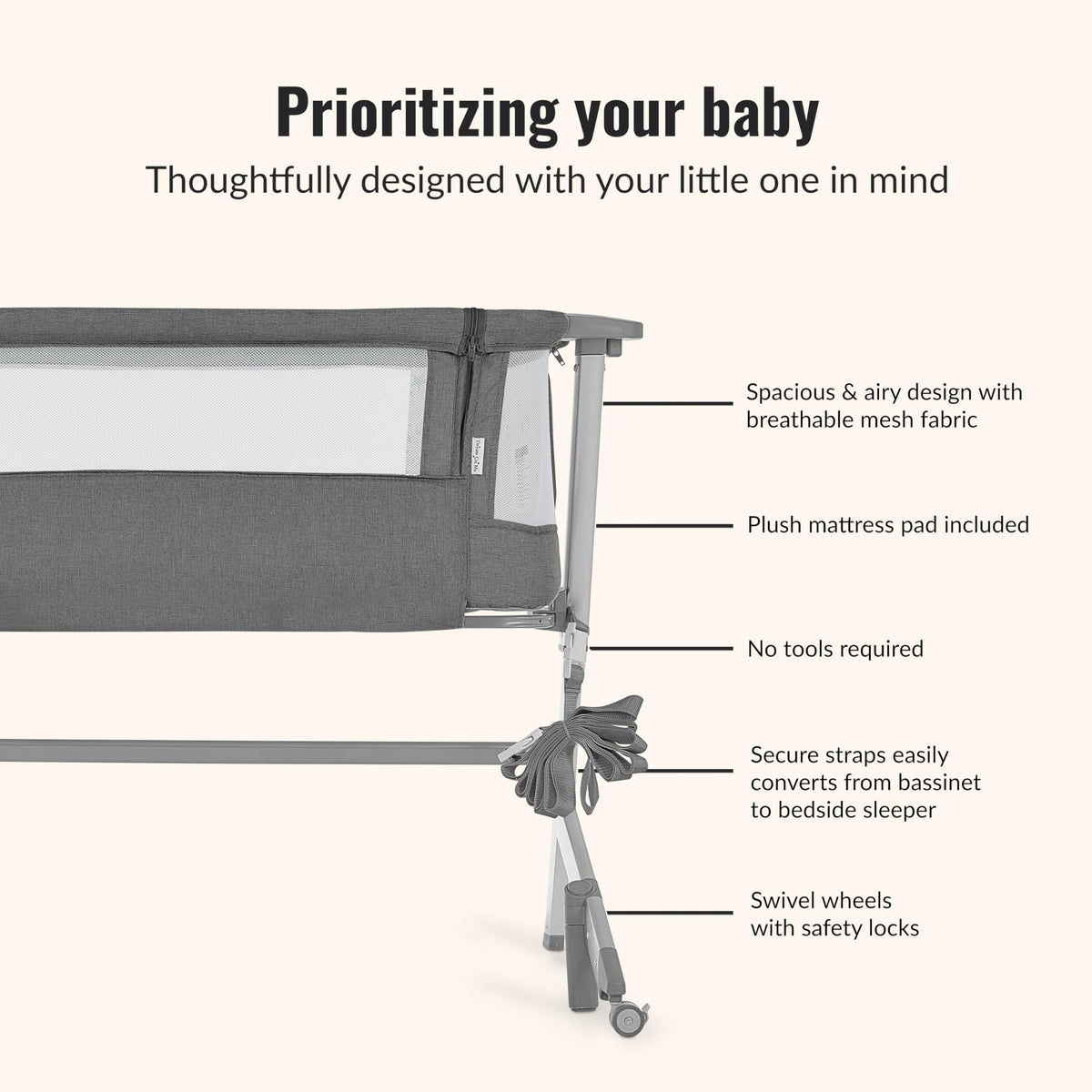 Grey Adjustable Height Bassinet & Bedside Sleeper R282106