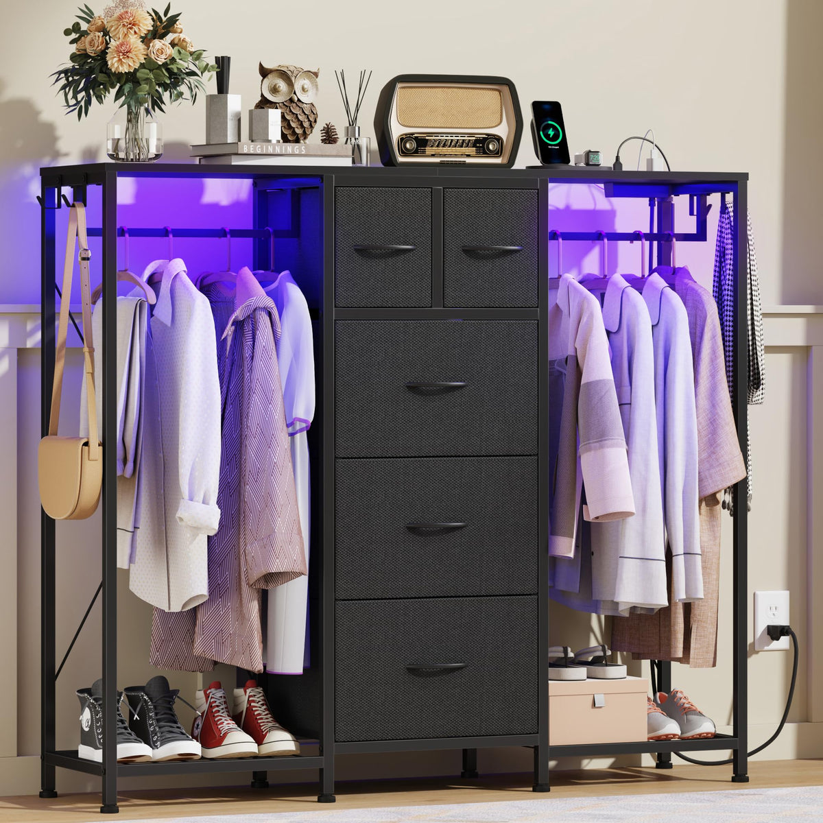 Black 5-Drawer Dresser with 2 Hanging Racks X884