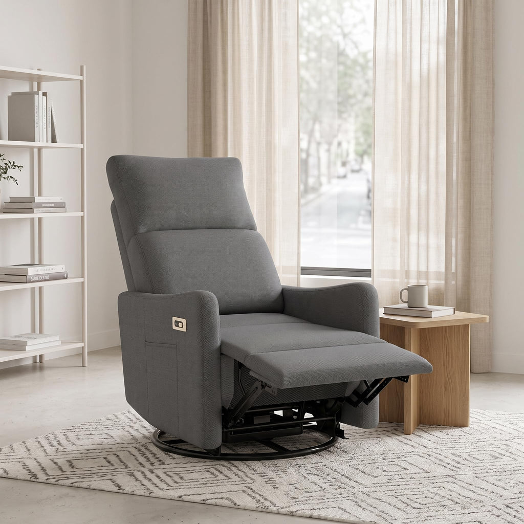 Light Brown Rubberwood Dark Gray Velvet Swivel Rocker Recliner Chair H289348