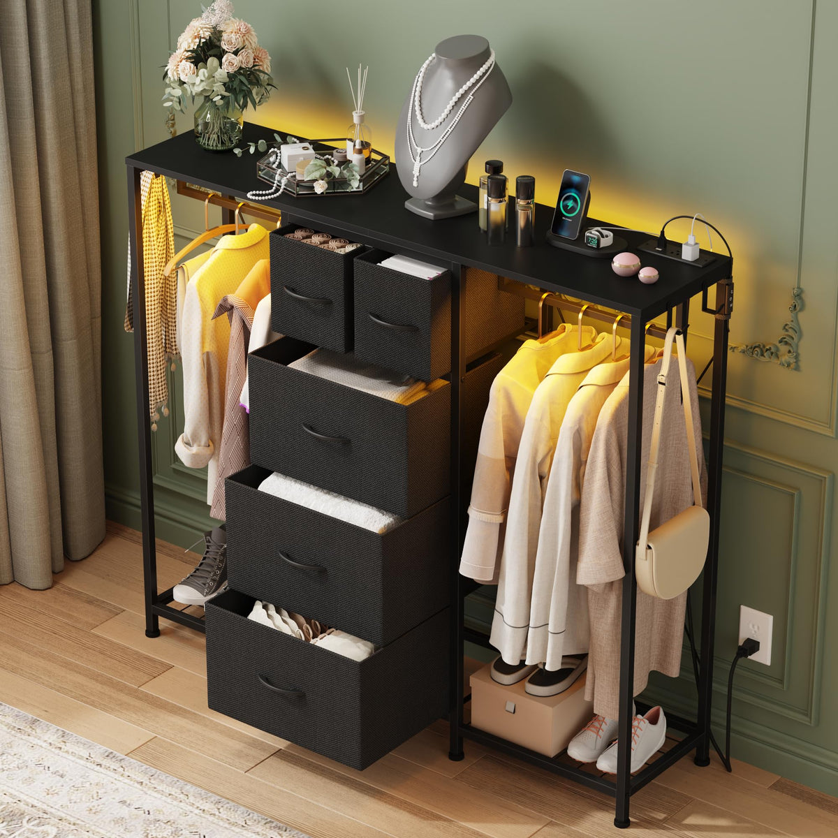 Black 5-Drawer Dresser with 2 Hanging Racks X884