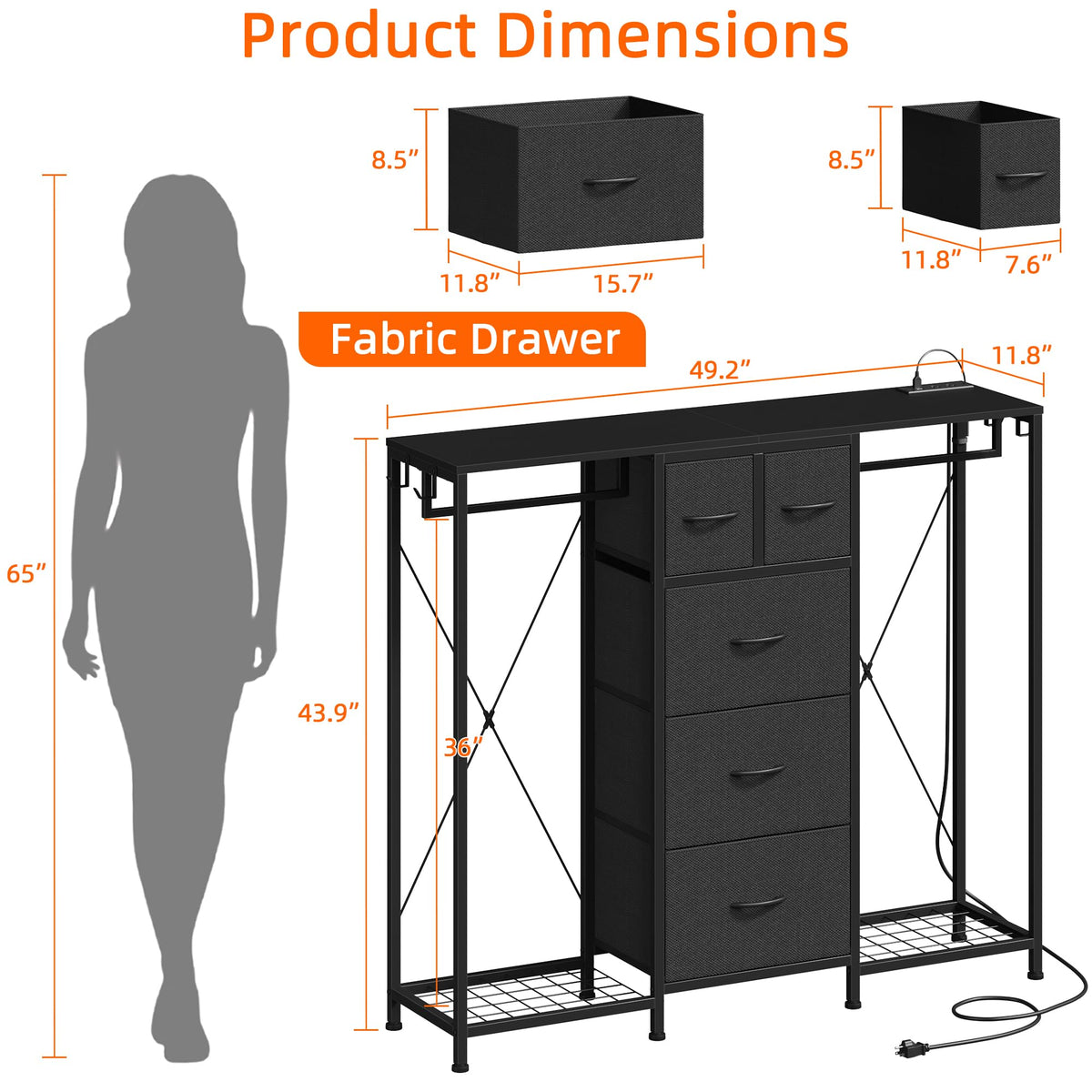 Black 5-Drawer Dresser with 2 Hanging Racks X884