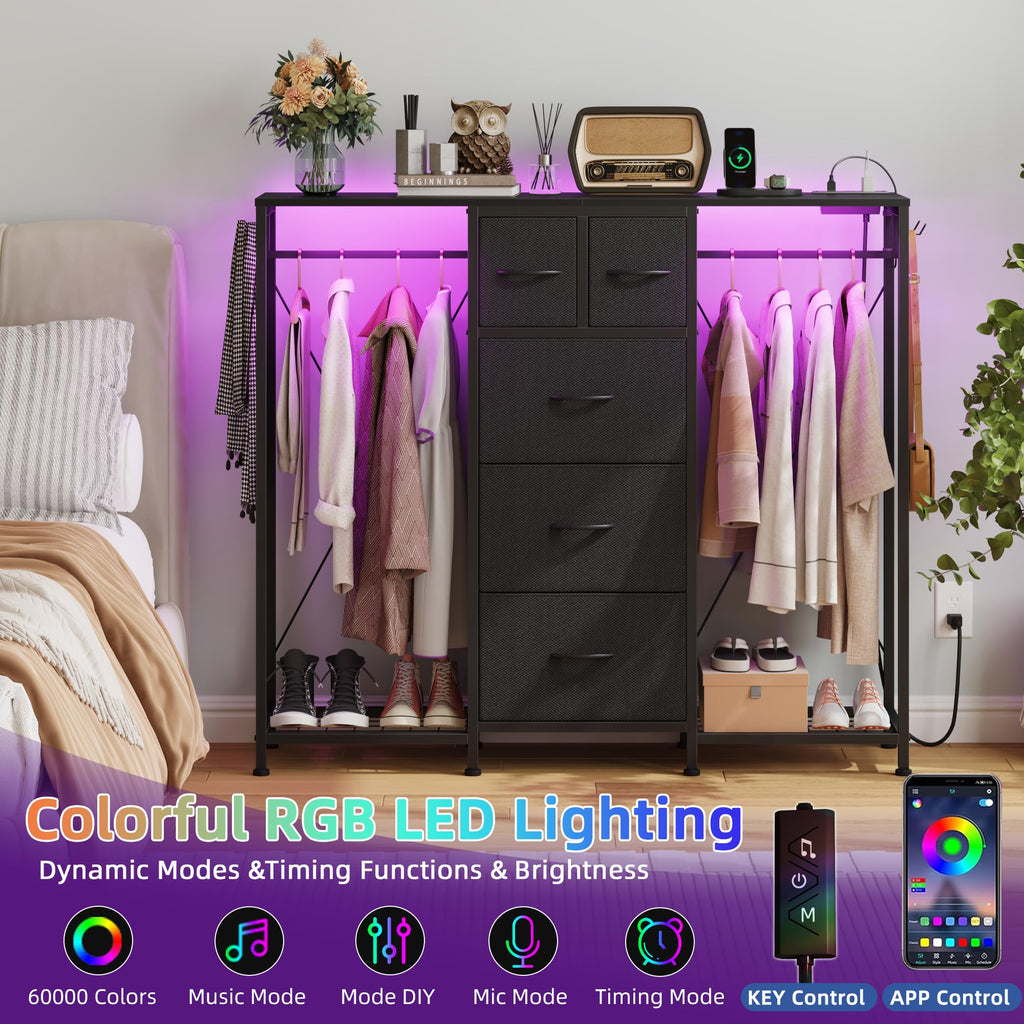 Black 5-Drawer Dresser with 2 Hanging Racks X884