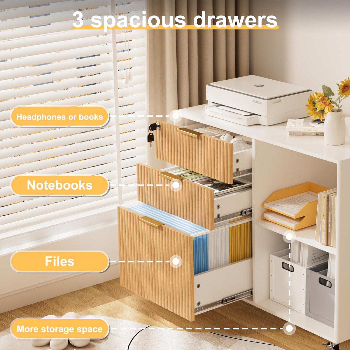 3 Drawer Fluted Mobile Filing Cabinet with Lock T4563
