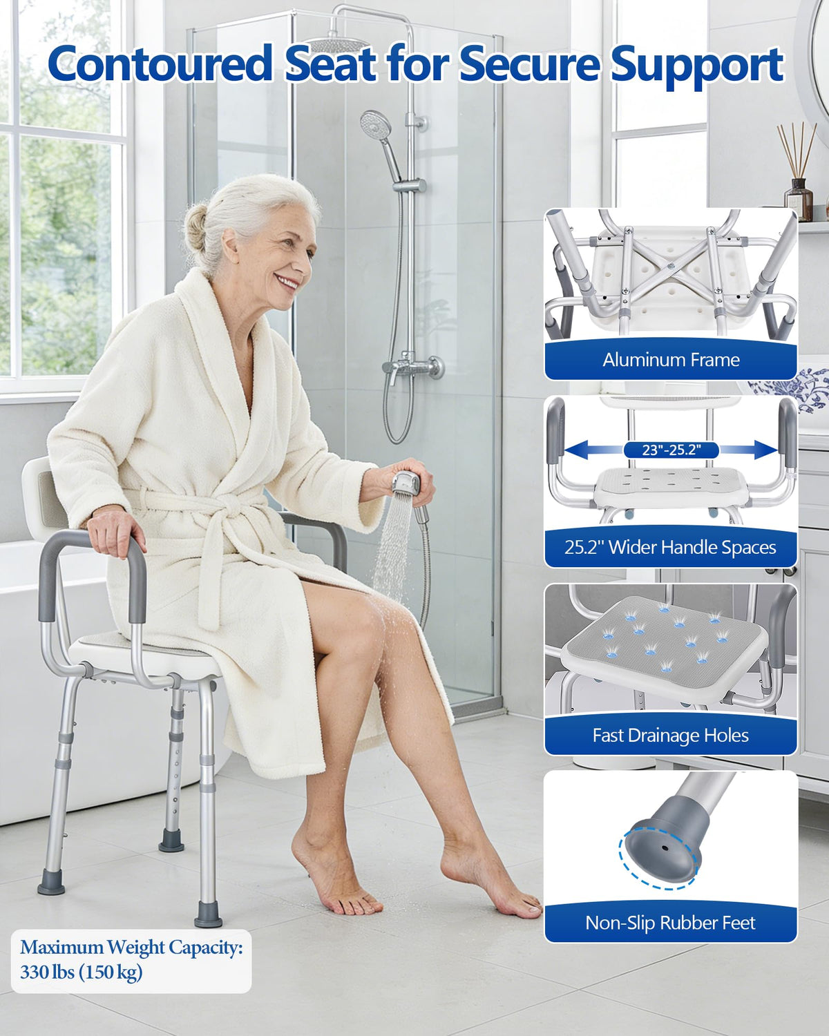 Height Adjustable Shower Chair with Back and Arms V497570