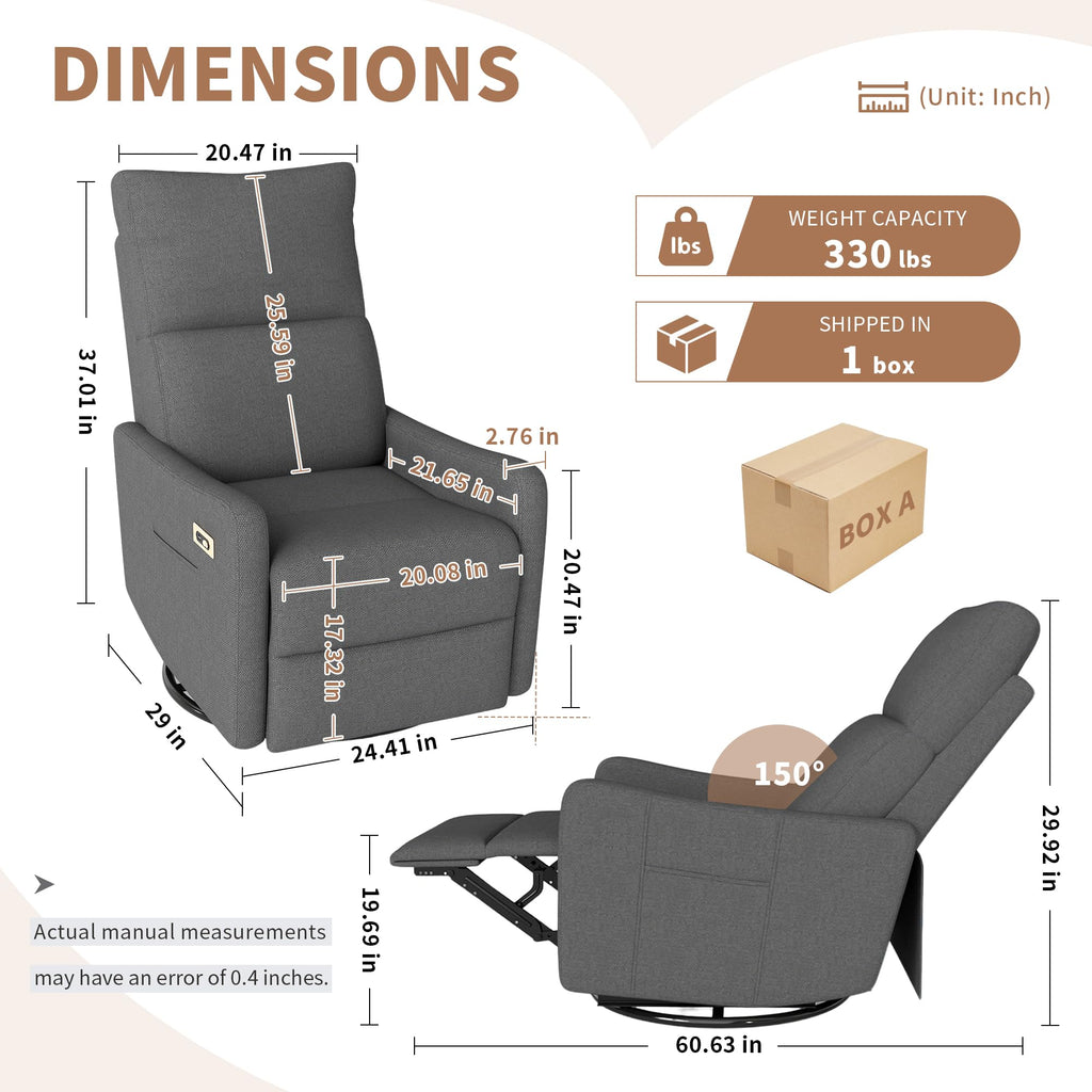 Light Brown Rubberwood Dark Gray Velvet Swivel Rocker Recliner Chair H289348
