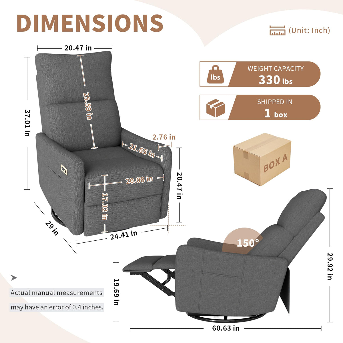 Light Brown Rubberwood Dark Gray Velvet Swivel Rocker Recliner Chair H289348