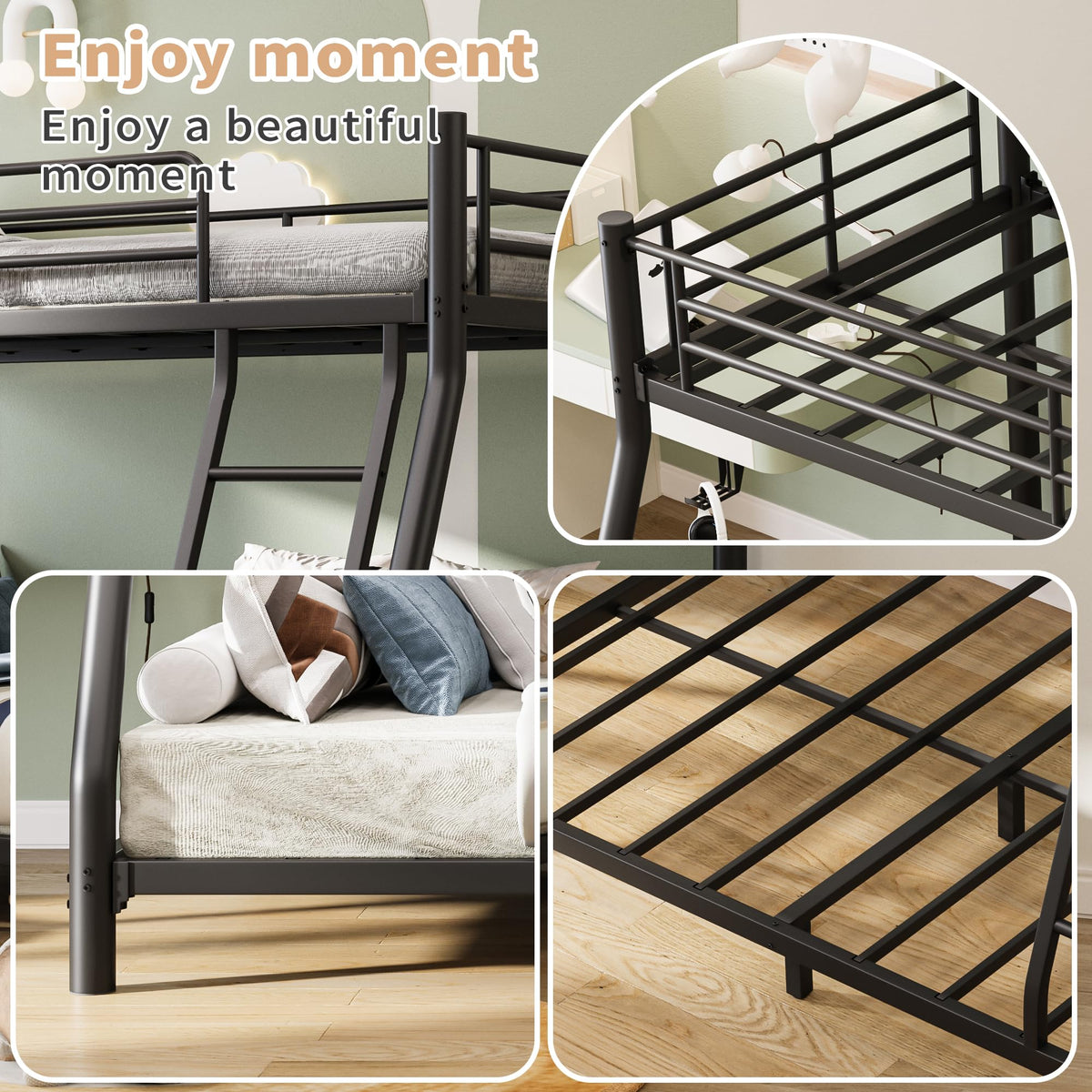 Twin Over Full Size Bunk Bed with Guardrail & Ladder C1396