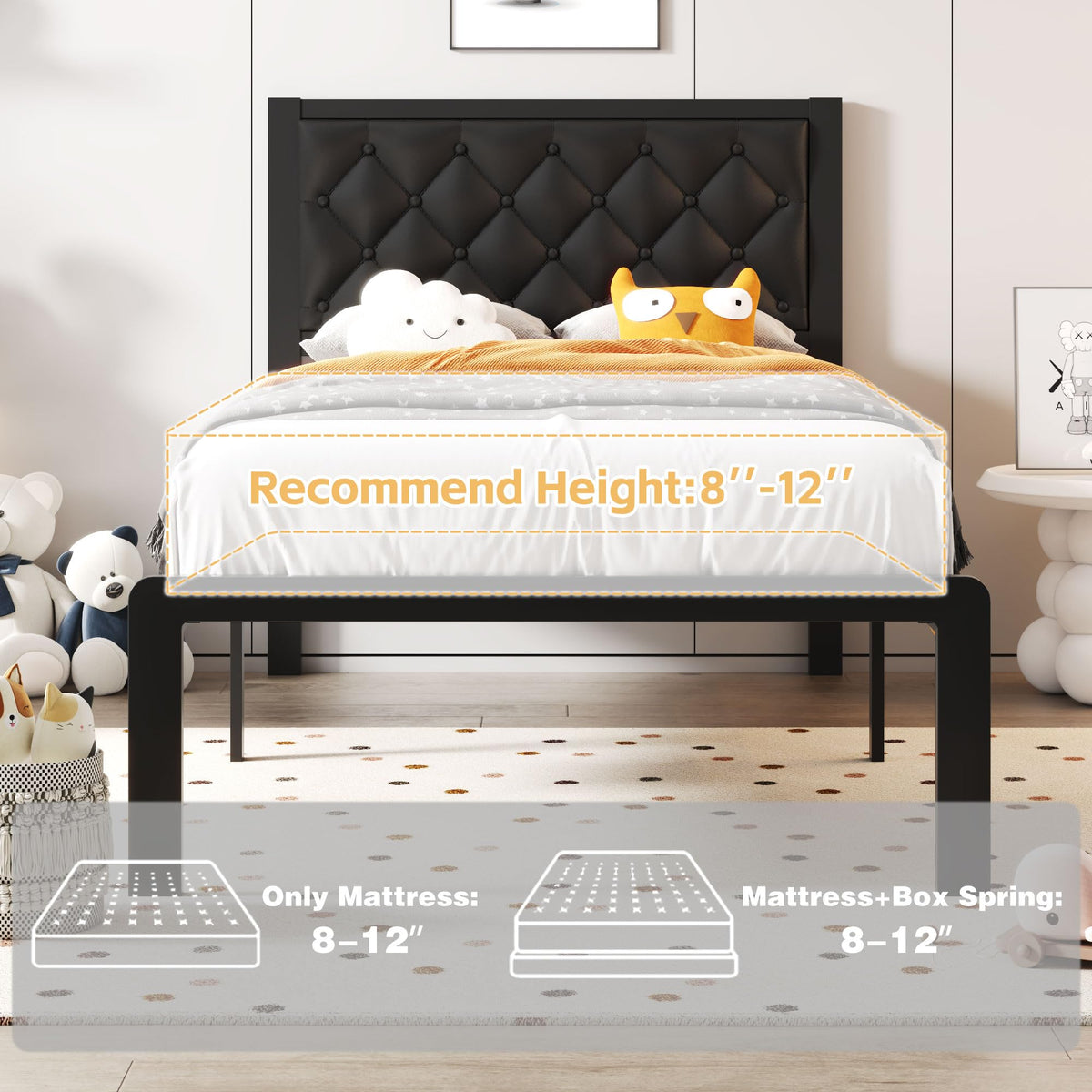 Black PU Leather Upholstered Twin Bed Frame with Headboard E4410