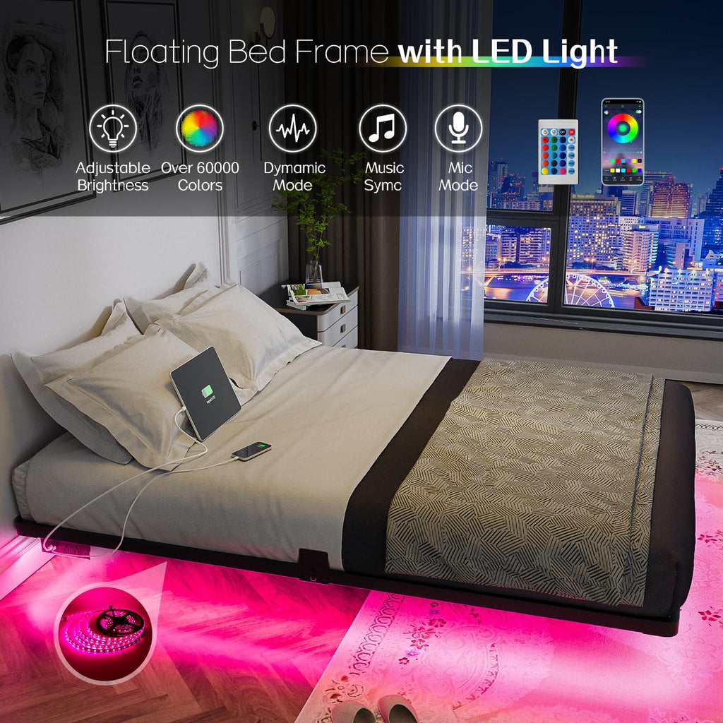 Full Size Metal Floating Bed Frame with LED Light & Charging Station F563441