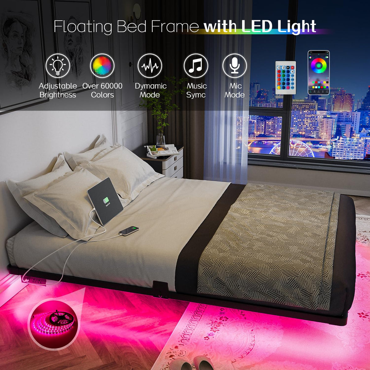 Full Size Metal Floating Bed Frame with LED Light & Charging Station F563441