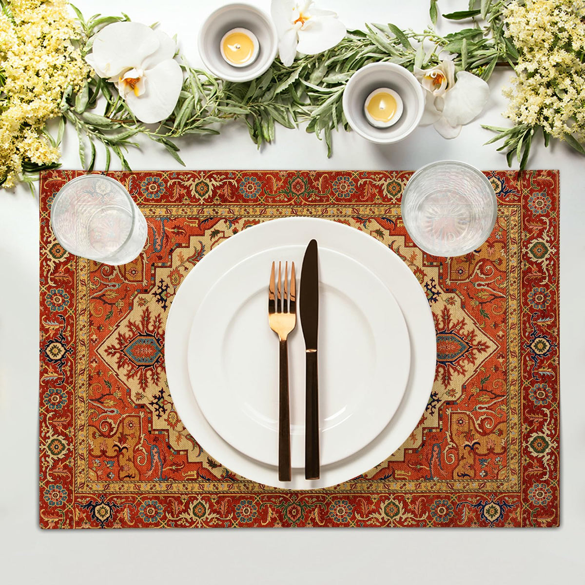 Boho Ethnic Placemats Set of 4 Orange Brown Retro Flower Linen 12"x18" E654
