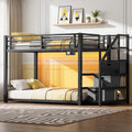 Twin Over Twin Metal Bunk Bed with Storage Stairs, Drawers & Shelves, Power Outlet and RGB LED Lights, Safety Guardrails & Metal Slats (Black) X44753