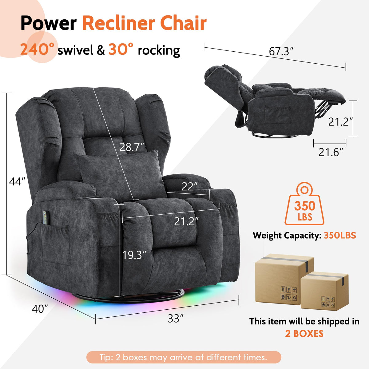 Velvet Gray Power Swivel Rocker Recliner Chair with Massage & Heat K9963