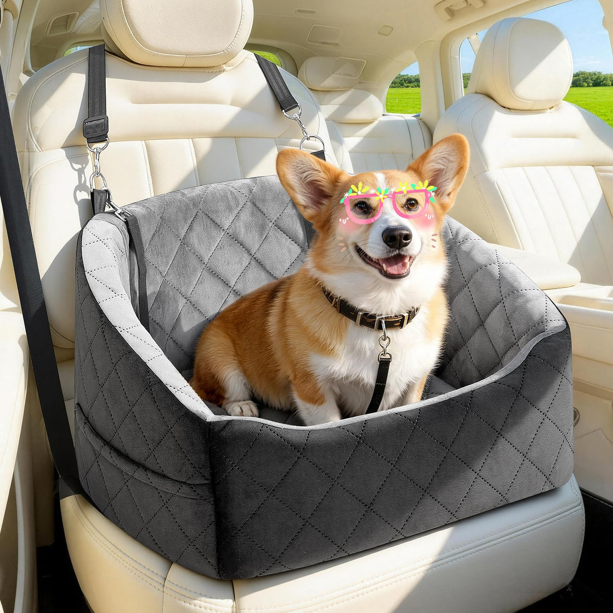 Dog Car Seat for Small Dogs Up to 30 Lbs, Grey-Black F7552