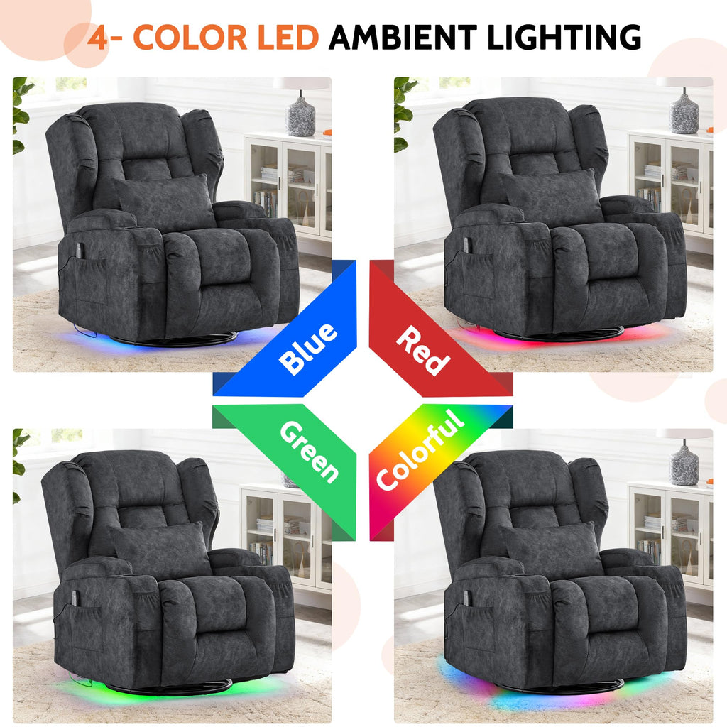 Velvet Gray Power Swivel Rocker Recliner Chair with Massage & Heat K9963