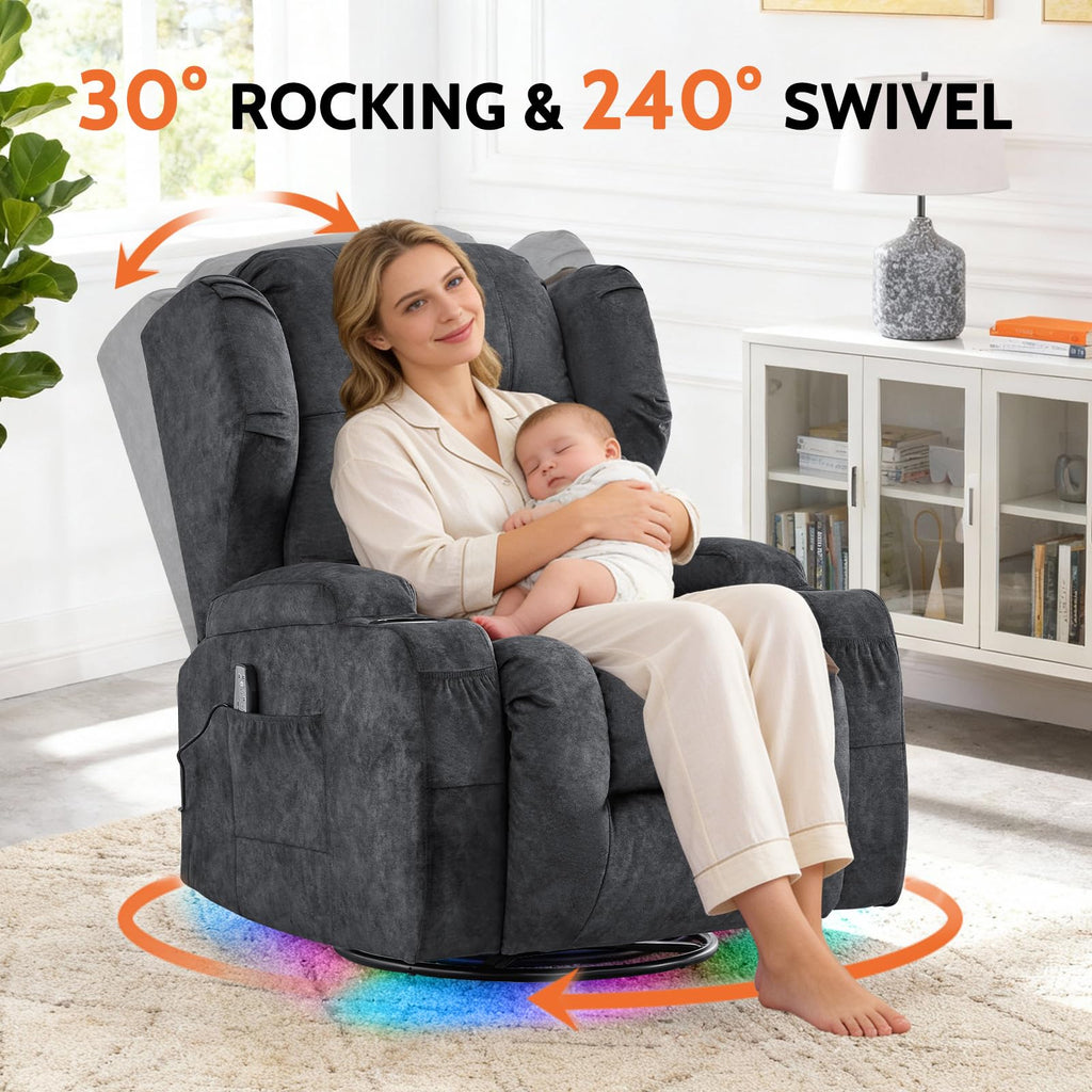 Velvet Gray Power Swivel Rocker Recliner Chair with Massage & Heat K9963