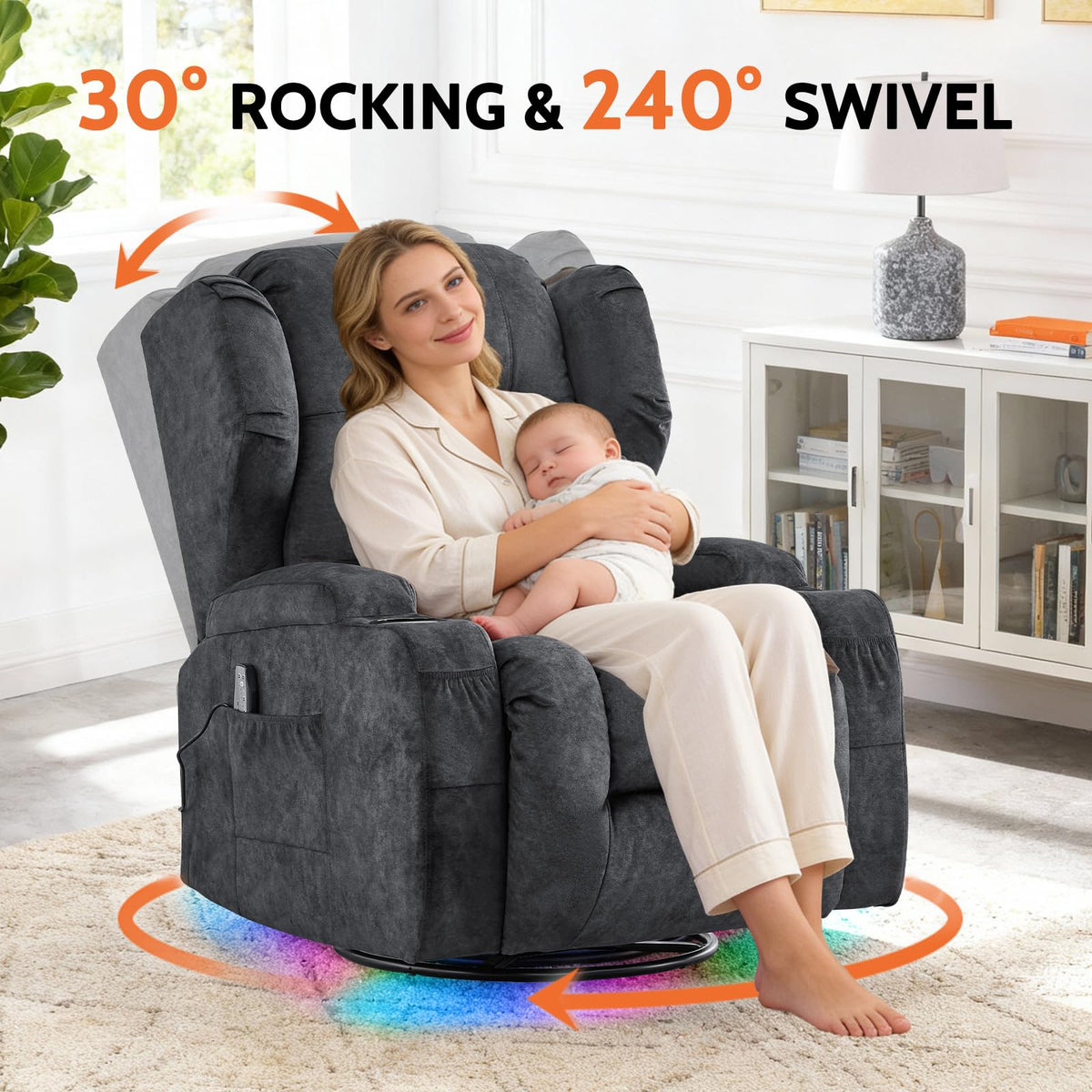 Velvet Gray Power Swivel Rocker Recliner Chair with Massage & Heat K9963