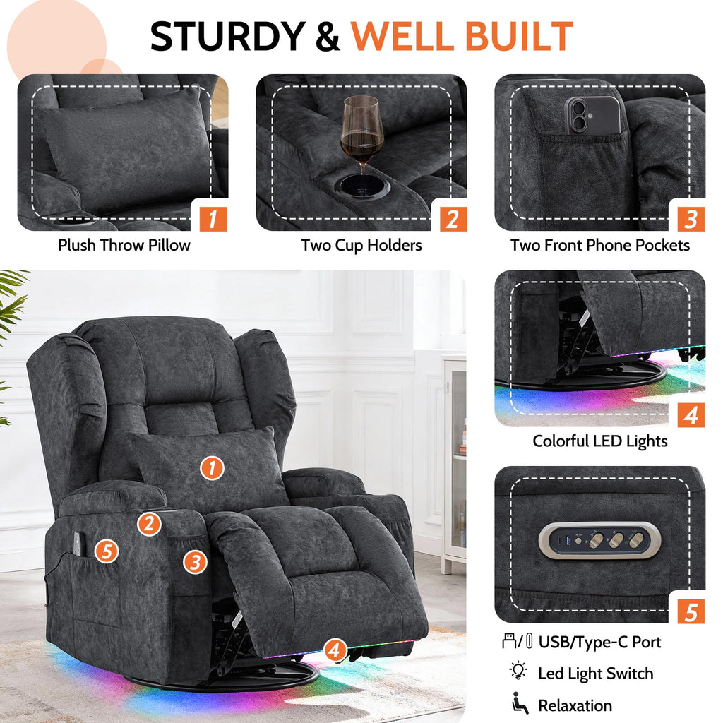 Velvet Gray Power Swivel Rocker Recliner Chair with Massage & Heat K9963