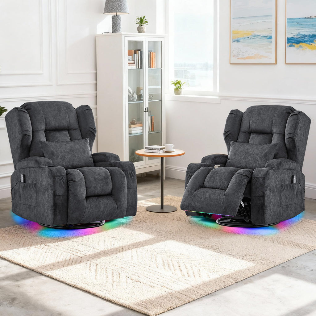 Velvet Gray Power Swivel Rocker Recliner Chair with Massage & Heat K9963
