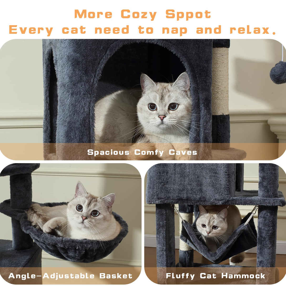 70-Inch Dark Gray Cat Tree Tower with Hammock Y506
