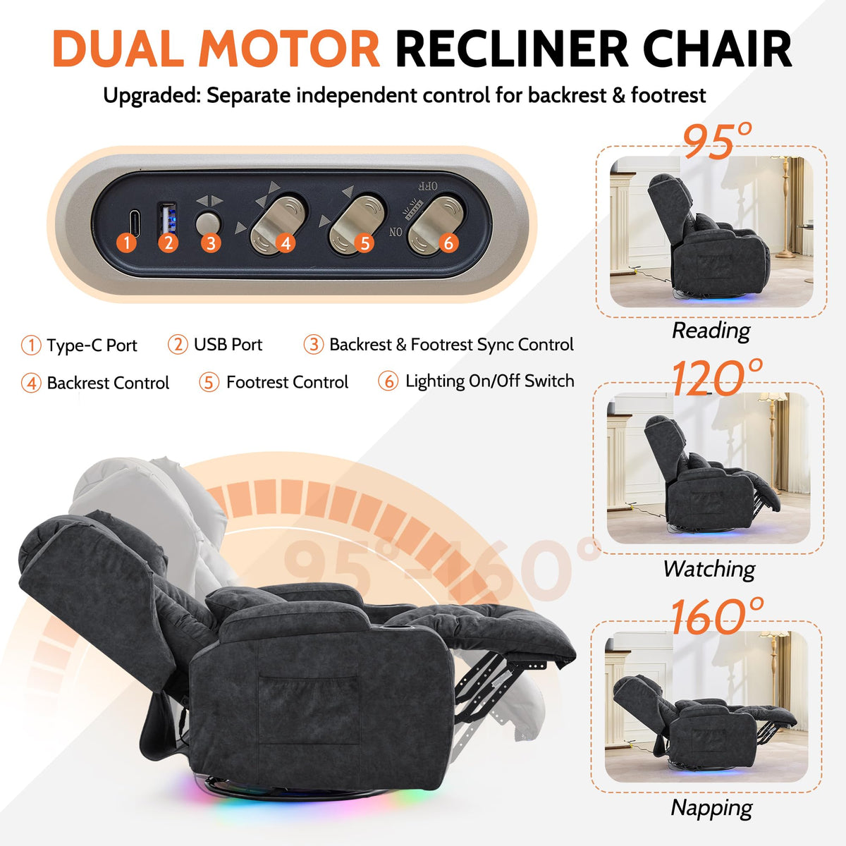 Velvet Gray Power Swivel Rocker Recliner Chair with Massage & Heat K9963