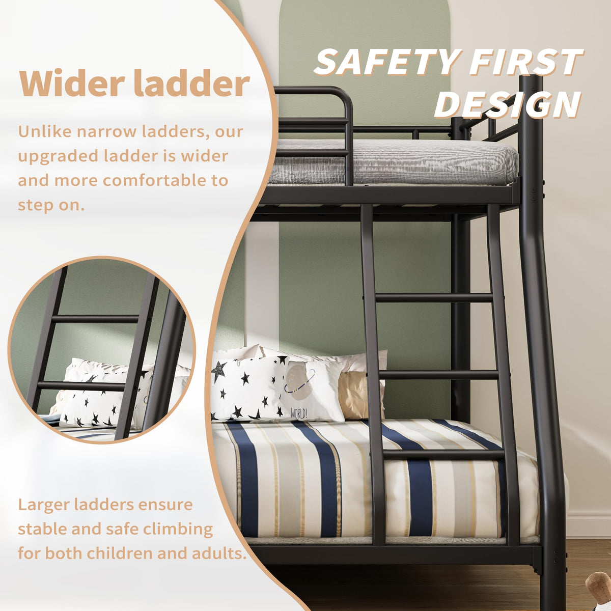 Twin Over Full Size Bunk Bed with Guardrail & Ladder C1396