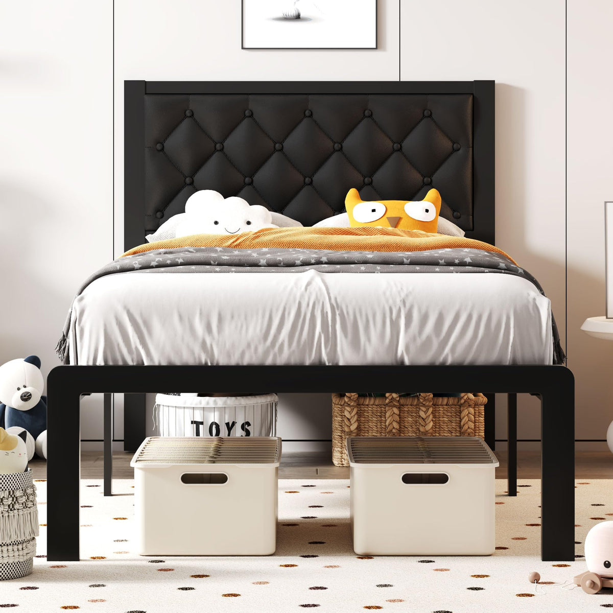 Black PU Leather Upholstered Twin Bed Frame with Headboard E4410