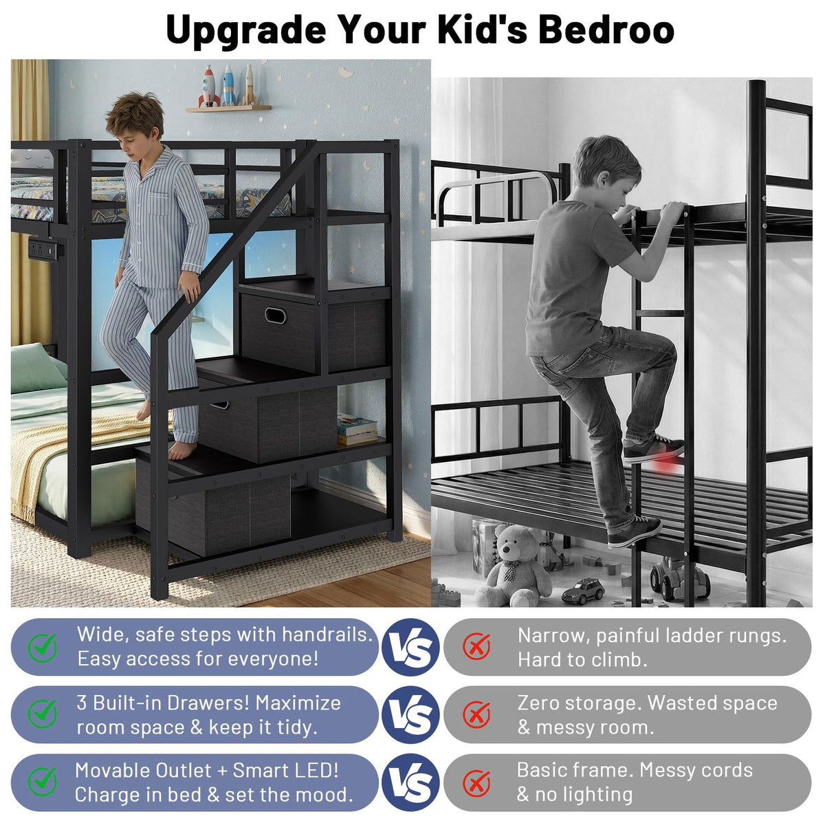 Twin Over Twin Metal Bunk Bed with Storage Stairs, Drawers & Shelves, Power Outlet and RGB LED Lights, Safety Guardrails & Metal Slats (Black) X44753