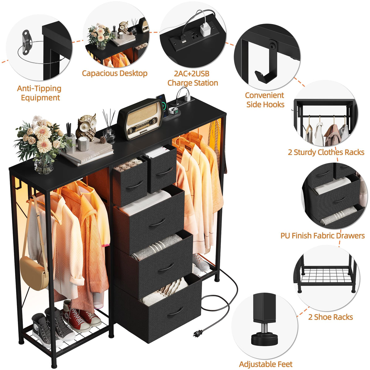 Black 5-Drawer Dresser with 2 Hanging Racks X884