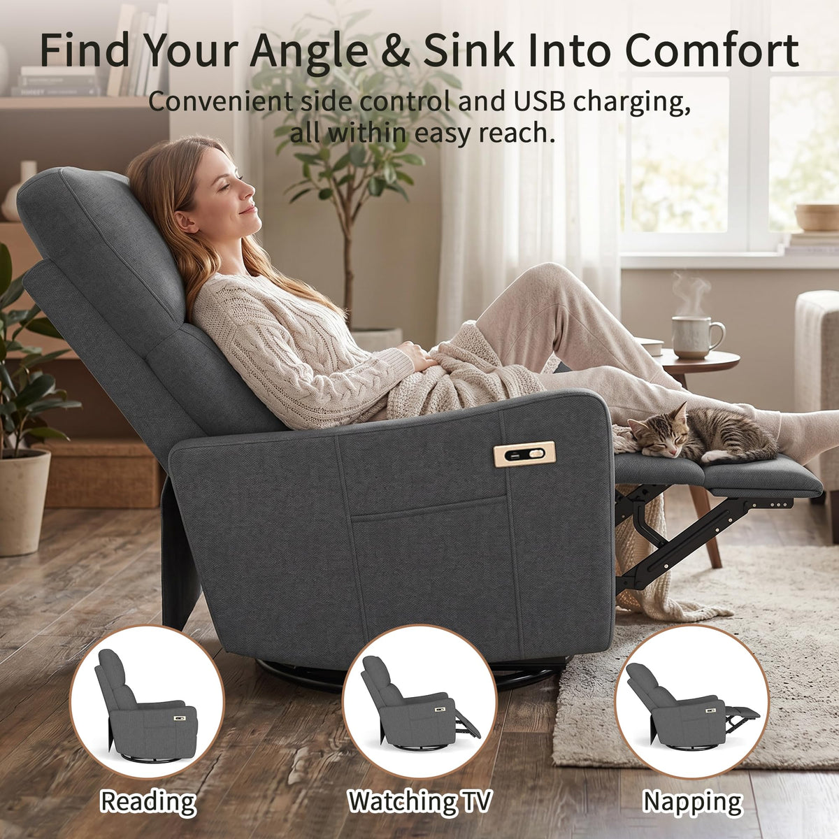 Light Brown Rubberwood Dark Gray Velvet Swivel Rocker Recliner Chair H289348