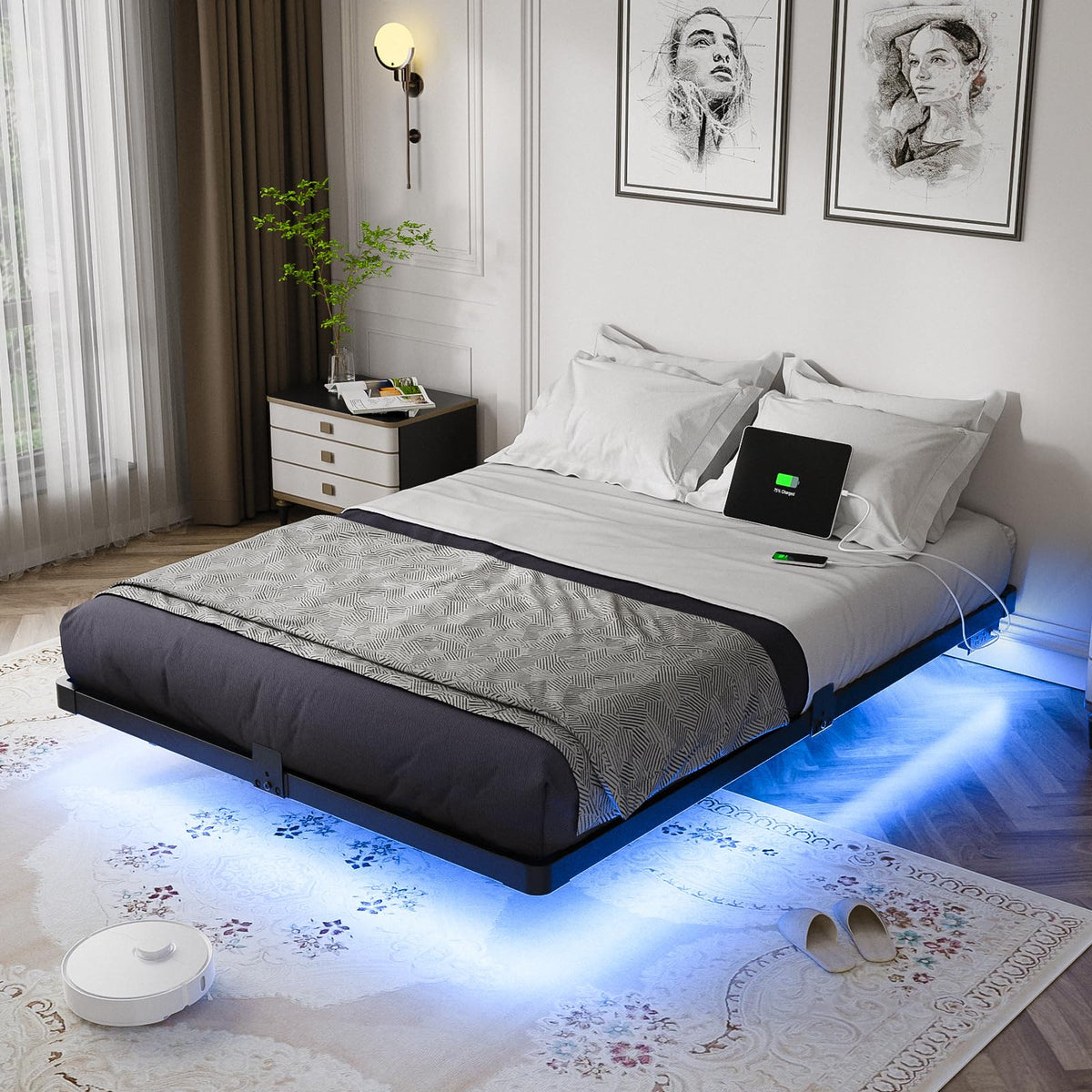 Full Size Metal Floating Bed Frame with LED Light & Charging Station F563441