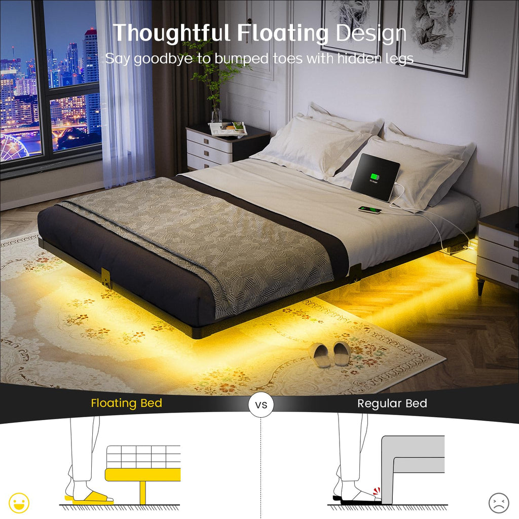 Full Size Metal Floating Bed Frame with LED Light & Charging Station F563441