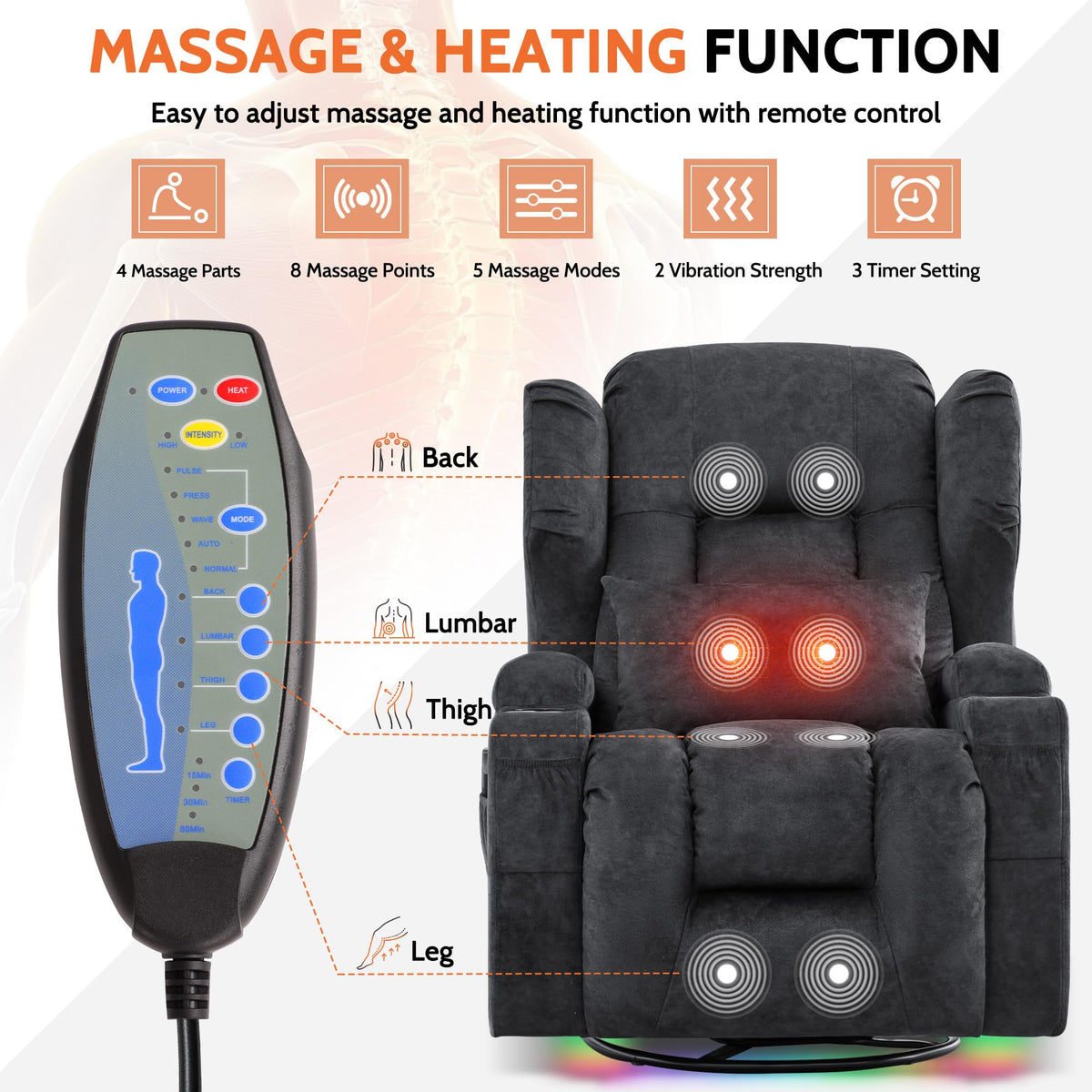 Velvet Gray Power Swivel Rocker Recliner Chair with Massage & Heat K9963