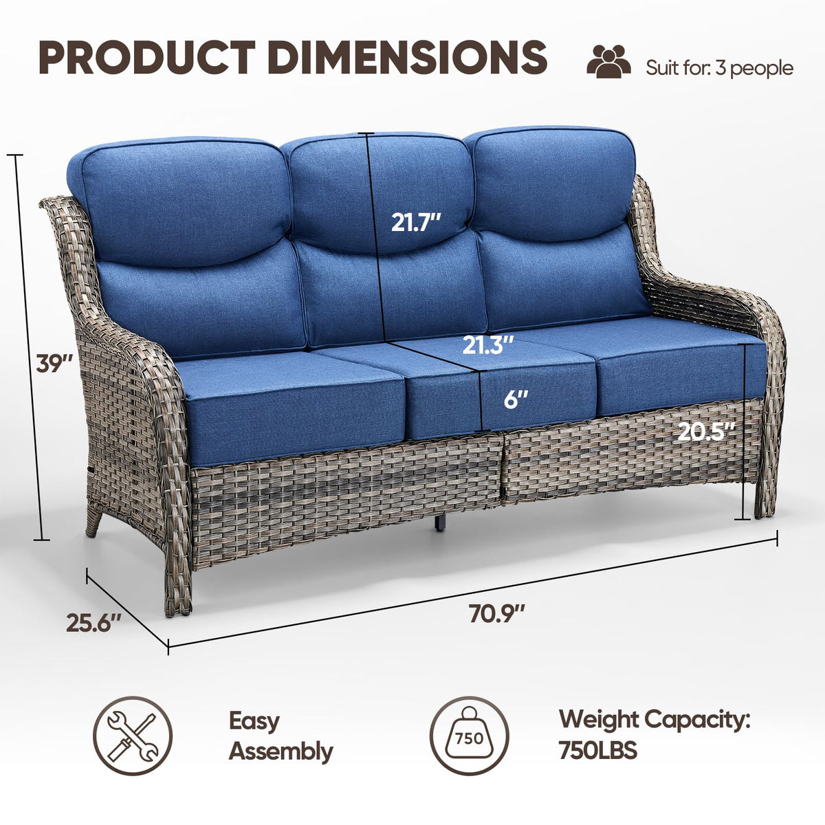 Grey Wicker 3-Seat Outdoor Sofa with Cushion W84915