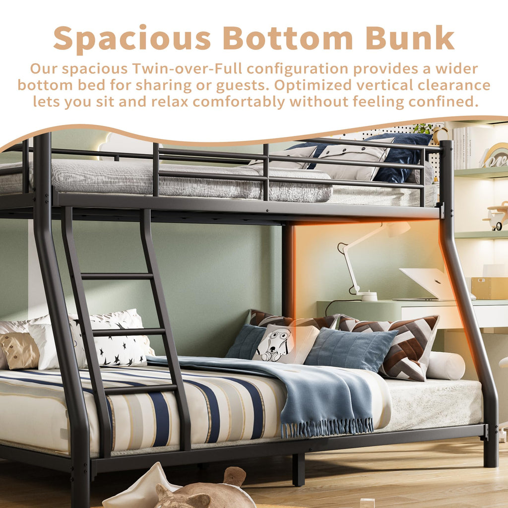 Twin Over Full Size Bunk Bed with Guardrail & Ladder C1396