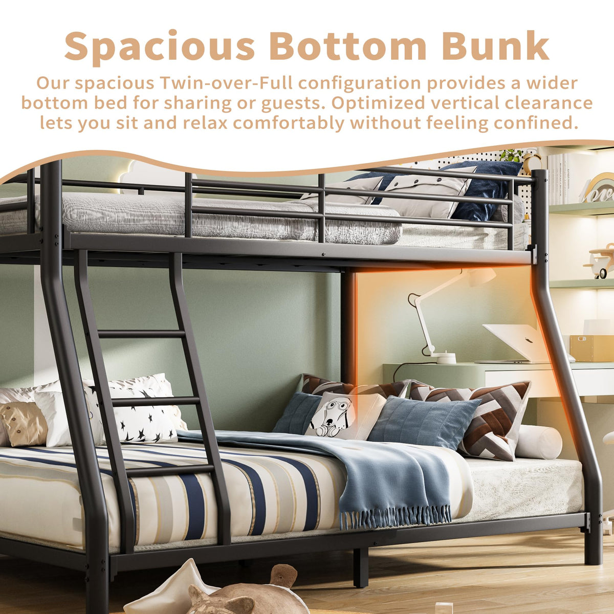 Twin Over Full Size Bunk Bed with Guardrail & Ladder C1396
