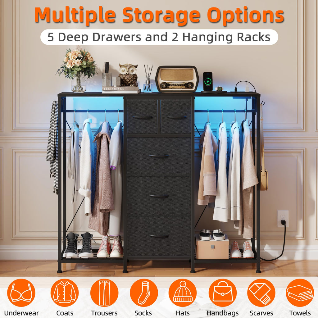 Black 5-Drawer Dresser with 2 Hanging Racks X884