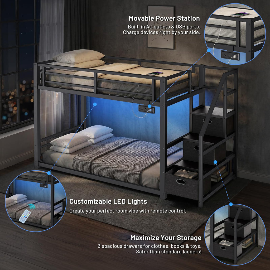 Twin Over Twin Metal Bunk Bed with Storage Stairs, Drawers & Shelves, Power Outlet and RGB LED Lights, Safety Guardrails & Metal Slats (Black) X44753