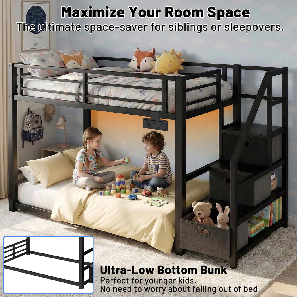 Twin Over Twin Metal Bunk Bed with Storage Stairs, Drawers & Shelves, Power Outlet and RGB LED Lights, Safety Guardrails & Metal Slats (Black) X44753